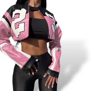 Women's Motorcycle Cropped Leather Jacker-Y2K Letter Street Style Jacket - Picture 1 of 13