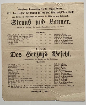 Theater in Würzburg  -Strauß und Lanner  - seltener original Flyer um 1852 - Bild 1 von 2