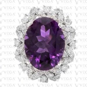 6.80Ct Oval Shape Natural Amethyst & Diamond Wedding Ring 18K White Gold Plated - Picture 1 of 15