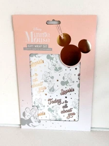 Disney MINNIE MOUSE Juego de envoltura de regalo 2 hojas y 2 etiquetas de papel de aluminio en forma / cintas rosas - Imagen 1 de 2