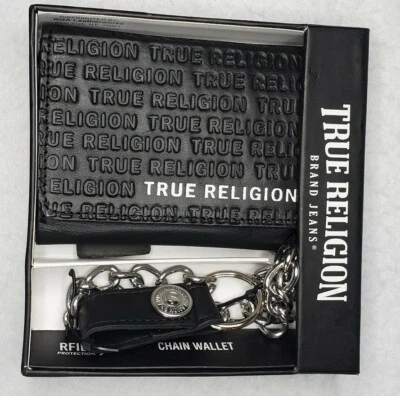 True Religion Men's Black Leather Vinny Wallet TR201022 Black W / Chain RFID New - Image 1 of 4