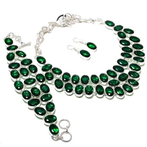 Chrome Diopside Gemstone Jewelry Set Adjustable Chain Choker Necklace Oval Shape - Picture 1 of 12