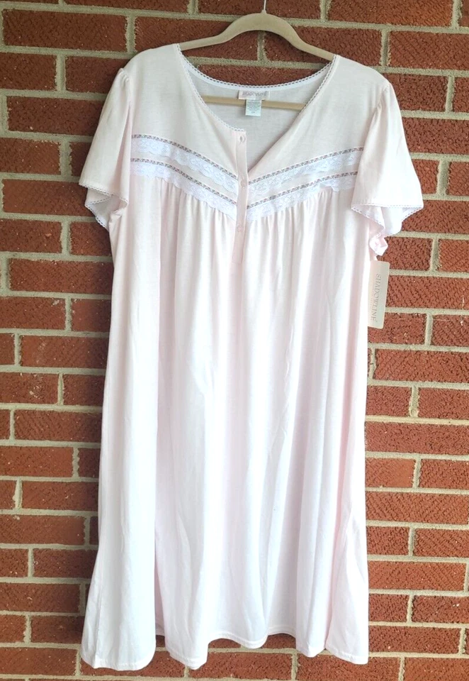 Camisón Shadowline para mujer 2X rosa pastel suave 3 botones escote encaje detalles Foto 1 de 4