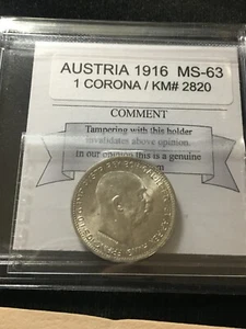 1916 Austria, 1 Corona Coin Mart Graded**MS-63** KM# 2820 - Picture 1 of 8