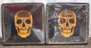 16 SKULL PAPER PLATES Halloween Party Luncheon Black Orange Creepy Square NEW - Picture 1 of 2