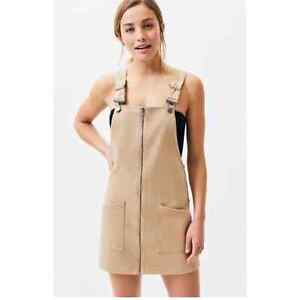 Kendall and Kylie Denim Front Zip Patch Pocket Pinafore Tan size L