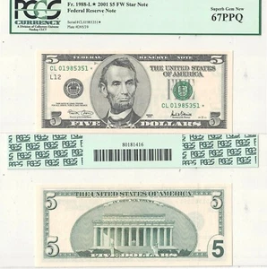 2001 $5 San Francisco District Star Note FR 1988-L* PCGS 67 PPQ #5351 - Picture 1 of 1