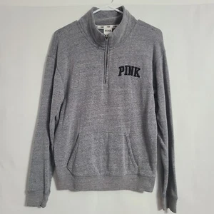 Pink By Victoria Secret Sweatshirt Women's Sz S Gray Graphic Mock Neck 1/4 Zip - Picture 1 of 7