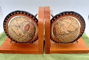 Vintage Wood Globe Bookends Old World Map Rotating Spinning Made In Hong Kong - Picture 1 of 11