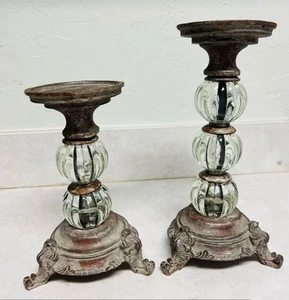 Set of 2 Vintage candle holders,  metal base, glass orb - Picture 1 of 3