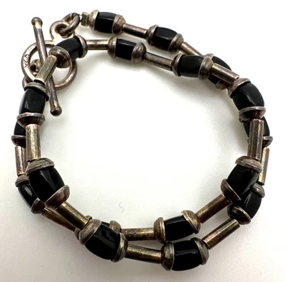 Minimalist Sterling Silver Black Onyx Ankle Bracelet 925 Beaded Toggle Boho Vtg - Image 1 of 4