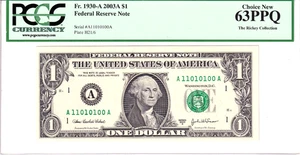 2003-A $1 FRN PCGS Choice New 63PPQ Fancy TRUE 0/1 BINARY Serial #A11010100A - Picture 1 of 2
