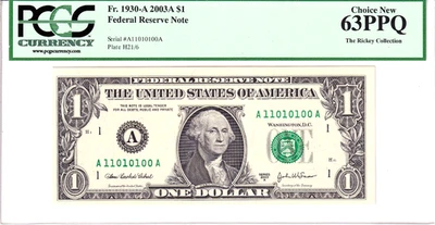 2003-A $1 FRN PCGS Choice New 63PPQ Fancy TRUE 0/1 BINARY Serial #A11010100A - Image 1 of 2