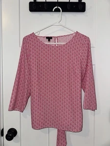 Talbots Top Size Medium Geometric Pink White, Tie Front or Back - Picture 1 of 4