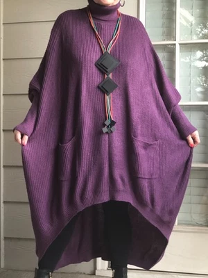 LAGENLOOK ARTSY BOHO OVERSIZED ASYMMETRICAL PURPLE KNIT SWEATER DRESS NECKLACE  - Image 1 of 4