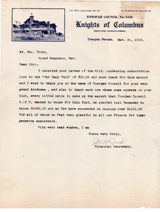 1918 Letterhead & Letter Knights of Columbus Tonopah Nevada - Imagen 1 de 1