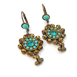 Michal Negrin Earrings Turquoise Gold Crystal Dangle Drop Art Deco Revival VTG - Picture 1 of 12