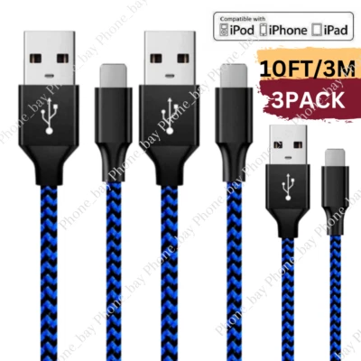 3 Pack 10Ft USB Fast Charger Cord Charging Cable For iPhone 13 12 11 XS 8 7 6 XR - Image 1 of 4