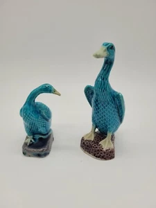 Pair of Vintage/Antique Chinese Porcelain Turquoise Blue Duck Or Goose Figurines - Picture 1 of 7