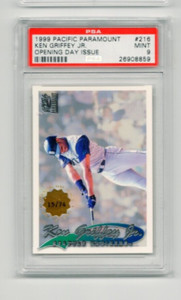 1999 PACIFIC PARAMOUNT OPENING DAY ISSUE PARALLEL #216 KEN GRIFFEY JR PSA 9 #/74