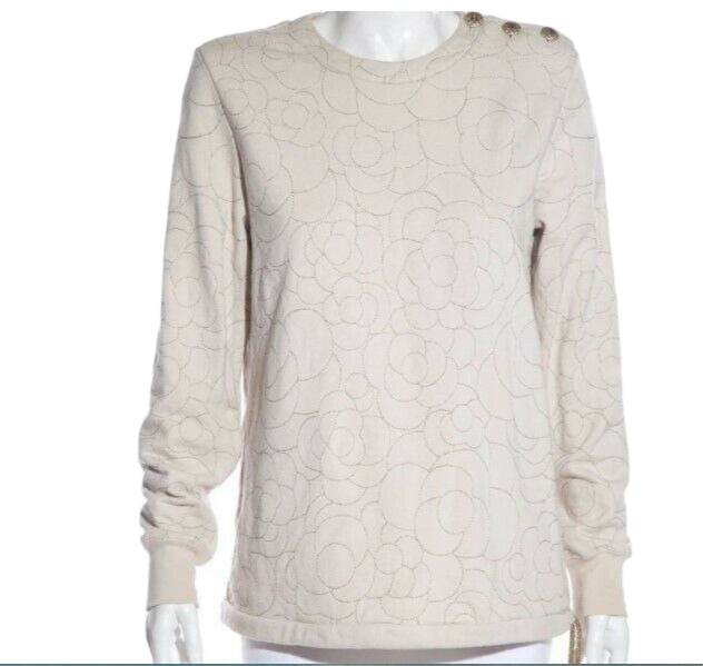 CHANEL Women's Half Button Crewneck Sweater Cashmere with Tweed