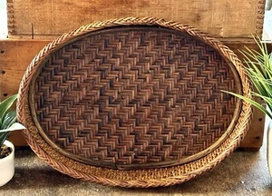 VTG Handmade Bamboo Rattan Wicker Multicolored Browns LG Serving Basket 15"L - Picture 1 of 20