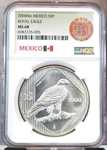 2000 MEXICO SILVER 5 PESOS S5P ROYAL EAGLE NGC MS 68 EXTREMELY RARE GEM - Picture 1 of 3