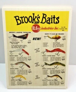 Brook's Baits alte Angelköderkarte auf Holzdruck Werbung Man Cave Ohio - Bild 1 von 2