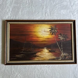 Vintage Painting Oil On Board Signed DW Cranch 90 Sunset Boats Palms - Picture 1 of 22