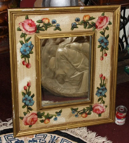Lovely Shabby Chic Flower Painted Wood Frame Mirror Distressed Wood Cover