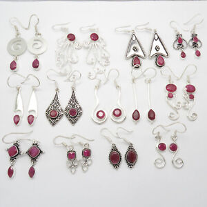 Simulated Ruby Silver Plated Everyday Wear 10 Pairs Earrings Assorted Lot