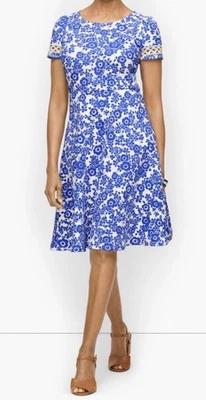 Talbots Womens Blue White Floral Fit & Flare Dress Crochet Trim Size XLP - Image 1 of 4