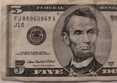 Old Vintage $5 Five Dollar Bill (2003A) FJ88960869A FLIPPER/ROTATOR - Image 1 of 4