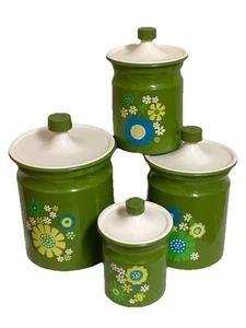 4 Vintage Kromex Avocado Green Daisy Aluminum Canisters 1970s Flower Power Retro - Picture 1 of 20