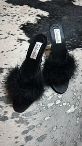 Women’s Vintage FREDRICK’s of HOLLYWOOD Satin Maribou Feather Mules - Picture 1 of 4