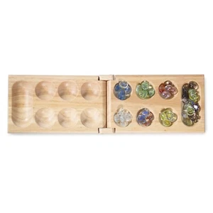 WYZworks Mancala Board Game Wood 48 Glass Stones Family Fun Game Travel Size - Picture 1 of 16