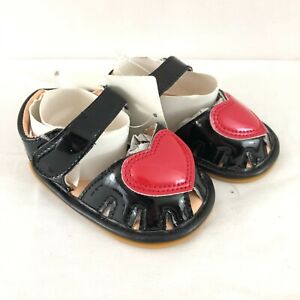Baby Girls Sandals Hook & Loop Faux Leather Heart Black Red Size 0-6 Months