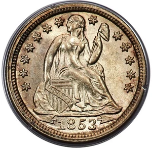 1853 Seated Dime ARROWS - PCGS OG HOLDER MS62 - WILDLY UNDERGARDED BY 2 POINTS! - Picture 1 of 4