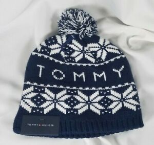 Tommy Hilfiger Knit Hat Beanie Snowflake patterned w/ Pom Pom, Logo SHIPS FREE!
