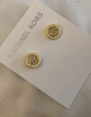 Pendientes Michael Kors Chapados en Oro Sobre Latón Redondos Logo MK Cristal Nuevos con Etiquetas Foto 1 de 4