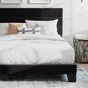 Platform Bed Frame with Velvet Upholstered Headboard,Wooden Slats Support, Black - Picture 1 of 16