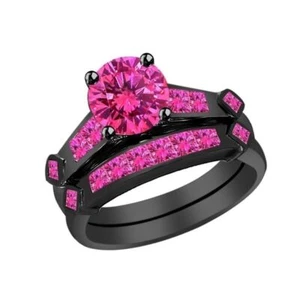 Lab Created 2.54ct Pink Round Diamond Bridal Set Black Silver Engagement Ring - Picture 1 of 3