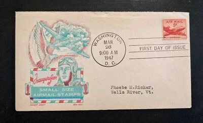 1947 Small Size Airmail Stamps FDC Airmail Cover Washington DC to Wells River VT - Image 1 of 2