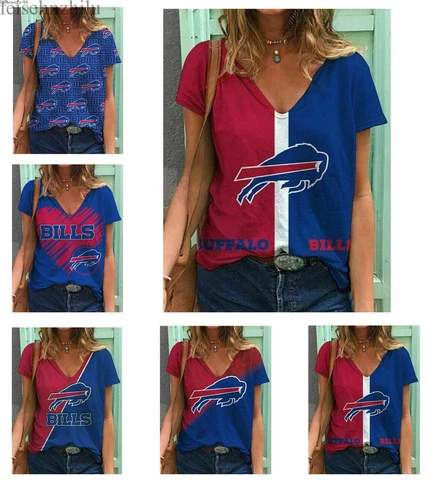 Buffalo Bills Womens Deep V-neck T-shirt Summer Short Sleeve Tops Casual Blouse Cover