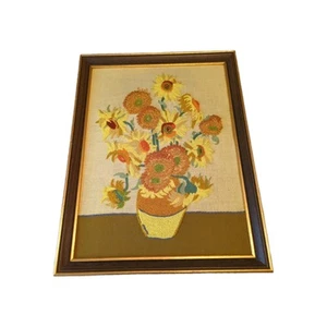 VTG 1970's Van Gogh Sunflowers Completed Crewel Embroidery In Frame 26.5"x20.5" - Picture 1 of 23
