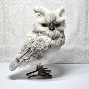 Snowy Horned Owl 9 in White/Grey Faux Fur Feathers Bird Crafting Ornament Décor - Picture 1 of 10
