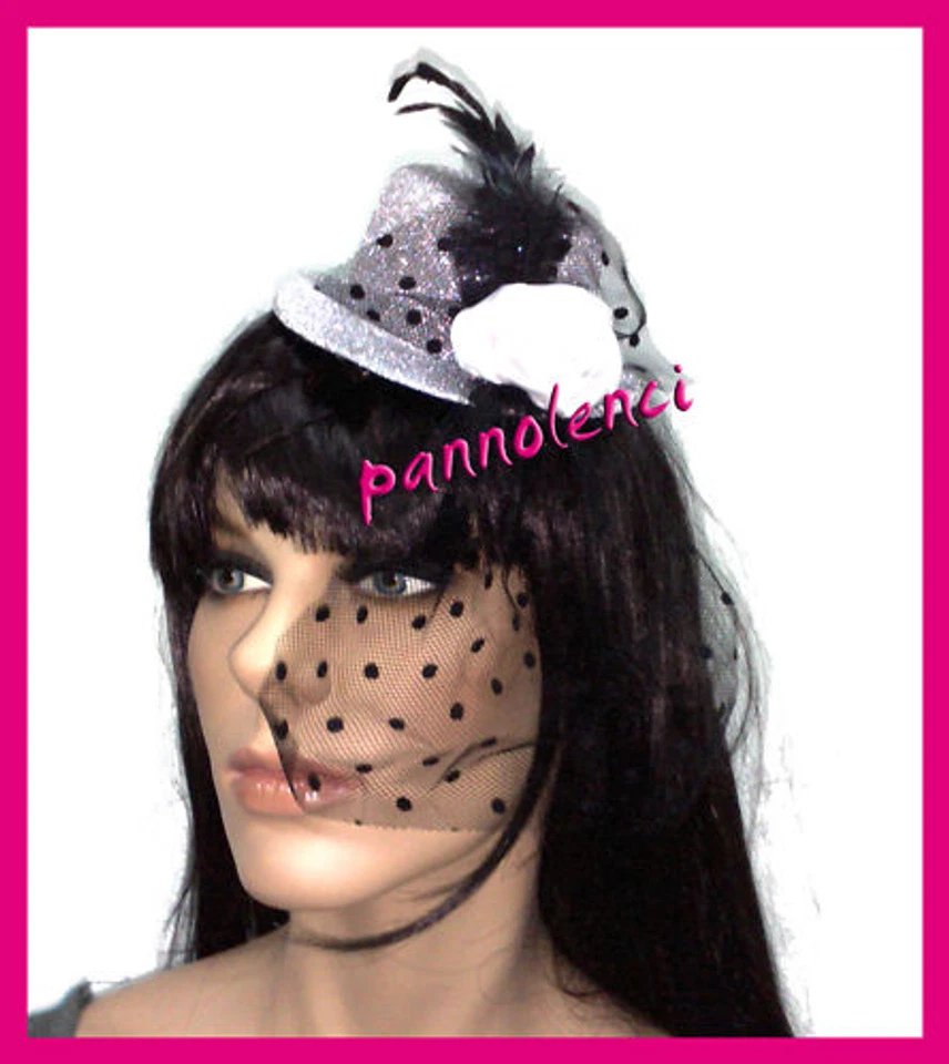 Cappello cappellino Burlesque ARGENTO velo piume BH-01 - Immagine 1 di 1