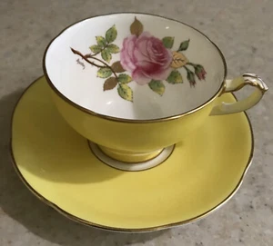 ADDERLEY ENGLAND ROSE YELLOW GOLD RIM 2 5/8" FOOTED CUP AND SAUCER Signed - Picture 1 of 10