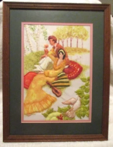 Vintage~Embroidery~Framed & Matted~Couple in a Meadow~1990's~17" x 13" - Picture 1 of 12