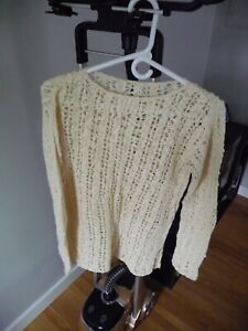 ITALIAN bohemian  linen cotton  side splits crochet bone color sweater size L